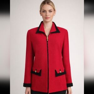 Vintage St. John Red Santana Knit Blazer Black Trim Decorative Buttons-Size 14